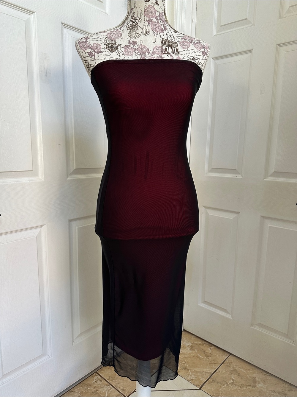SHEIN Strapless Burgundy Bandage Bodycon Dress with Sheer Black Overlay Over Red